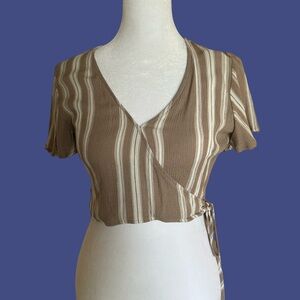 Pacsun Beige and white striped cropped v neck lightweight top